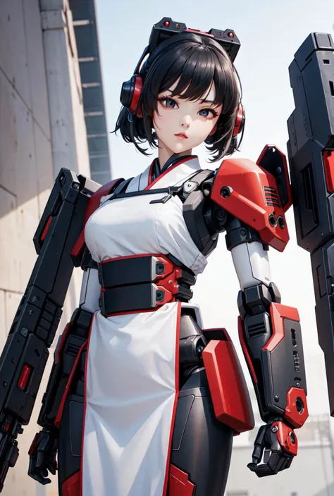 best quality, high_resolution, distinct_image, detailed background ,hanbok,fused robot,girl,holding weapon,mecha musume:0.5, in factory,exoskeleton,