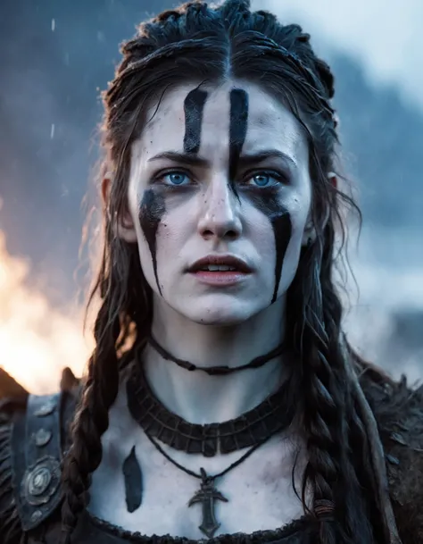 Ultrawide realistic photo of a bloody fierce viking woman, injured, battle-scarred mind-blowing details, hyperrealism, highly detailed face, ethereal, sadness, luxury, ominous, scarred, highly detailed, viking attire, cinematic, 16k, 1080s, smooth, sharp focus, by Stanley Artgermm, WLOP, trending on DeviantArt, trending on ArtStation, digital art, Smooth gradients, depth of field, shot on Canon Camera