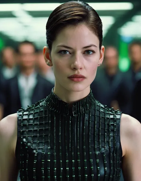 cinematic photo ((ohwx woman)) as the one, in the movie The Matrix (1999), ruggedly handsome hero, depth of field, zeiss lens, detailed, symmetrical, centered, fashion photoshoot, 8 k resolution, extremely detailed, establishing shot, artistic, hyperrealistic, octane render <lora:foy_lora_sdxl_v4_1-step00005000:1.1> . 35mm photograph, film, bokeh, professional, 4k, highly detailed