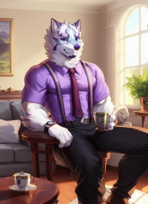 <lora:sadayoshi-09:1>, sadayoshi, solo, (soft shading), 4k, hi res, ((detailed face), (detailed eyes), detailed), by zackarry911, by zaush, (by personalami:0.5), male, muscular male, bara, gloves, sitting, living room, (tea cup), (purple shirt), necktie, collared shirt, pants, feet out of frame, black pants, suspenders, watch, wristwatch, white hands, smile