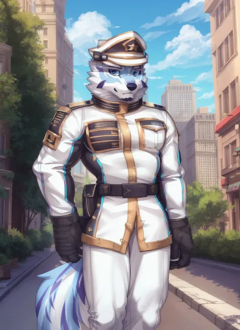 <lora:sadayoshi-09:1>, sadayoshi, solo, (soft shading), 4k, hi res, ((detailed face), (detailed eyes), detailed), by zackarry911, by zaush, (by personalami:0.5), male, muscular male, bara, looking at viewer, 1boy, hat, standing, full body, male focus, uniform, military, military hat, (pose:1.3), wolf tail, city, street, portait, (white clothes)