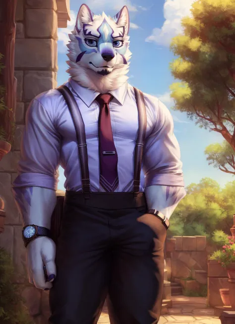 <lora:sadayoshi-09:1>, sadayoshi, solo, (soft shading), 4k, hi res, ((detailed face), (detailed eyes), detailed), by zackarry911, by zaush, (by personalami:0.5), male, muscular male, bara, sadayoshi, solo, looking at viewer, shirt, 1boy, male focus, thighs, cowboy shot, necktie, collared shirt, pants, feet out of frame, black pants, suspenders, watch, wristwatch, between pectorals