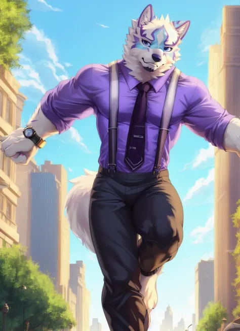 <lora:sadayoshi-09:1>, sadayoshi, solo, (soft shading), 4k, hi res, (detailed face, detailed eyes, detailed), ((full body)), by zackarry911, by zaush, (by personalami:0.5), male, muscular male, bara, looking at viewer, shirt, 1boy, male focus, thighs, necktie, collared shirt, pants, feet out of frame, black pants, suspenders, watch, wristwatch, between pectorals, city, purple shirt, (dynamic pose:1.3), wolf tail