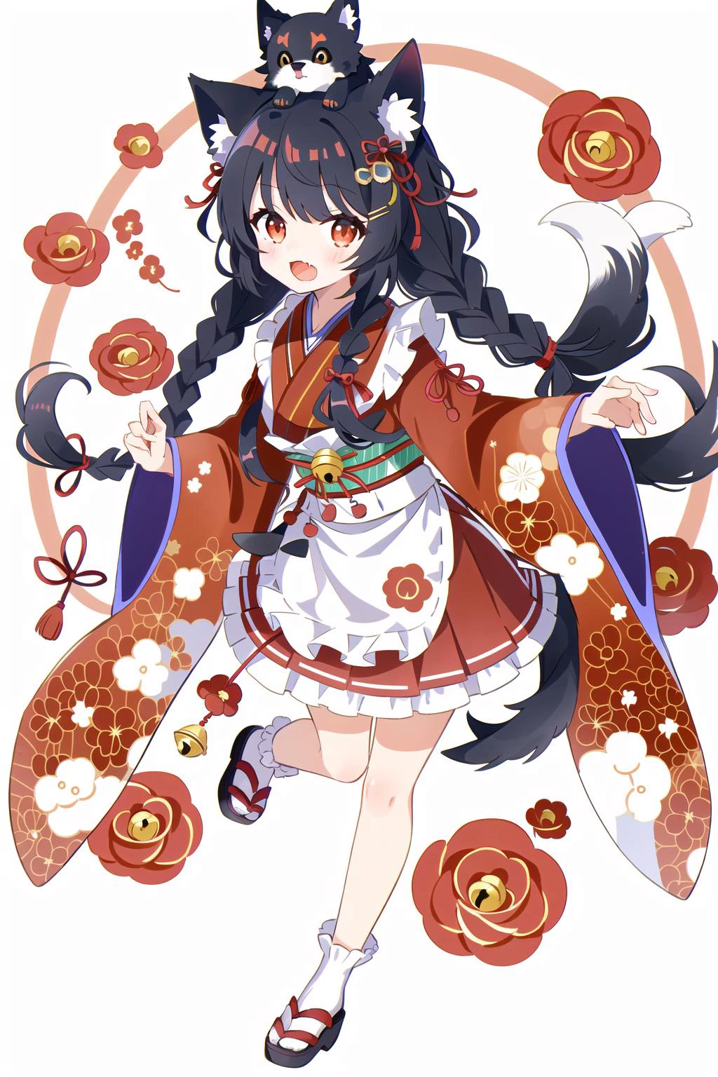 1girl, animal ears, braid, japanese clothes, open mouth, dog, apron, brown hair, dog ears, kimono, bow, on head, long hair, animal, white background, tail, flower, signature, wide sleeves, petals, blush, bell, looking at viewer, animal on head, solo, hair bow, fang, long sleeves, simple background, full body, striped, dog tail, :o, hair ornament, year of the dog, jingle bell, <lora:cute style:0.5>