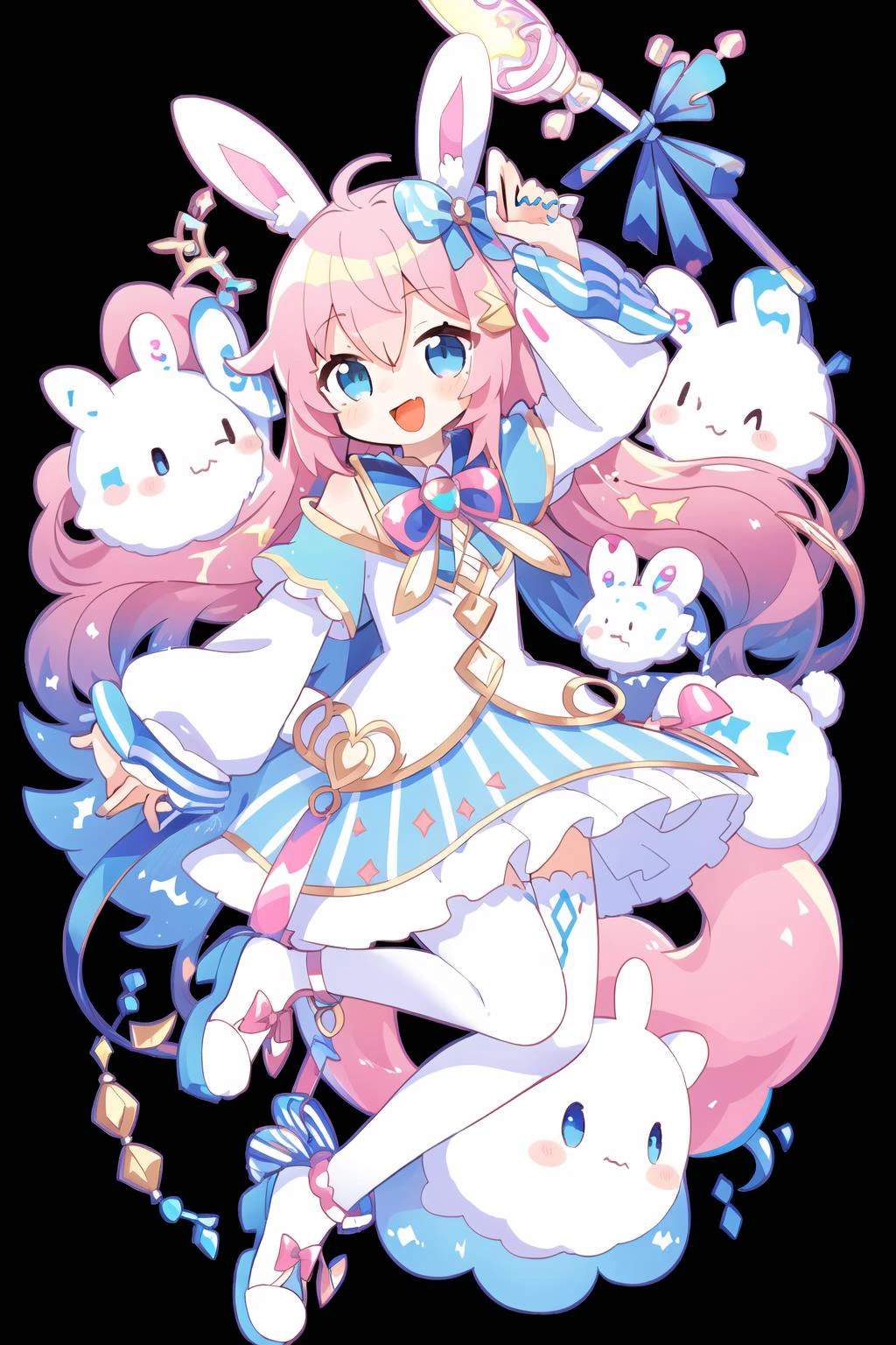 1girl, animal ears, pink hair, long hair, rabbit, open mouth, smile, rabbit ears, bow, solo, white background, dress, pantyhose, wand, blue eyes, looking at viewer, :d, full body, simple background, nail polish, striped, holding, arm up, hair bow, long sleeves, puffy sleeves, aqua footwear, shoes, blue footwear, jumping, animal, blush, argyle, star (symbol), holding wand, very long hair, ribbon, <lora:cute style:0.6>