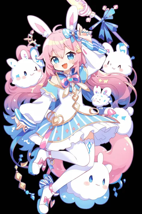 1girl, animal ears, pink hair, long hair, rabbit, open mouth, smile, rabbit ears, bow, solo, white background, dress, pantyhose, wand, blue eyes, looking at viewer, :d, full body, simple background, nail polish, striped, holding, arm up, hair bow, long sleeves, puffy sleeves, aqua footwear, shoes, blue footwear, jumping, animal, blush, argyle, star (symbol), holding wand, very long hair, ribbon,   <lora:cute style:0.6>