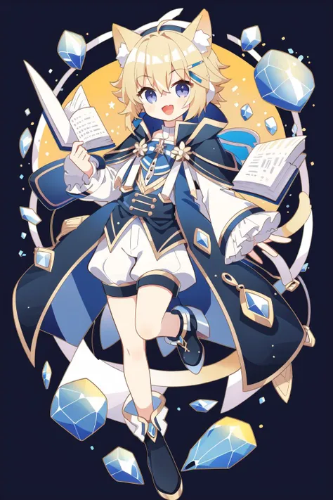 animal ears, book, shorts, cat ears, smile, open mouth, purple eyes, white background, socks, cape, tail, looking at viewer, :d, 1boy, star (symbol), full body, solo, holding, standing, bow, open book, jewelry, cat tail, simple background, standing on one leg, ribbon, frills, constellation, male focus, striped, striped bow, blue eyes, crystal, snowflakes, earrings, long sleeves, frilled sleeves, holding book, blue shorts, cat, shirt, blonde hair, <lora:cute style:0.6>