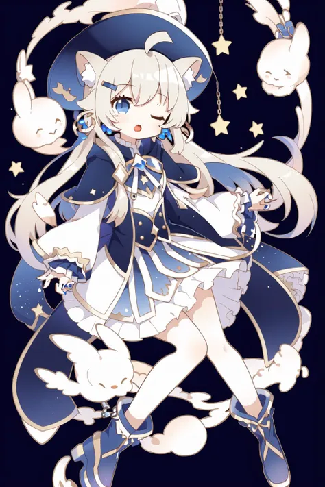 1girl, solo, one eye closed, ahoge, braid, blue eyes, star (symbol), blue nails, boots, full body, bow, animal ears, jewelry, long hair, looking at viewer, nail polish, fur trim, open mouth, multicolored hair, blue headwear, dress, ;o, puffy sleeves, cape, hair bow, hat, bangs, long sleeves, blue bow, hair ornament, blue hair, starry sky print, blue dress, blonde hair, blue cape, chain, very long hair, skirt, x hair ornament, wings, striped, blush, earrings, blue footwear, head wings, :o, constellation print, puffy long sleeves, blue skirt, striped bow, socks, constellation, <lora:cute style:0.6>
