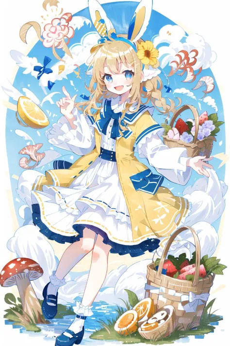 1girl, solo, animal ears, long hair, blonde hair, rabbit ears, mary janes, food, dress, flower, blue eyes, open mouth, blush, mushroom, shoes, grass, egg, smile, hairband, ribbon, socks, strawberry, holding, basket, <lora:cute style:0.5>
