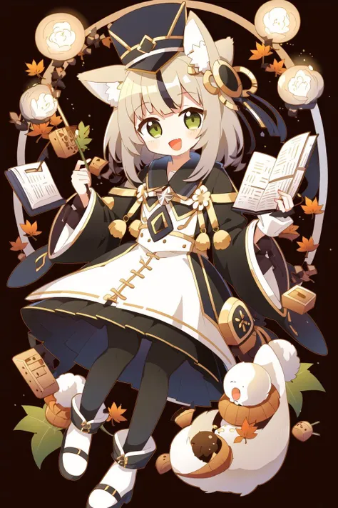 1girl, book, animal ears, green eyes, smile, open mouth, solo, white hair, looking at viewer, full body, multicolored hair, holding, hat, autumn leaves, wide sleeves, bangs, broom, leaf, acorn, :d, long sleeves, blush, two-tone hair, lantern, blunt bangs, boots, pantyhose, maple leaf, brown hair,   <lora:cute style:0.6>