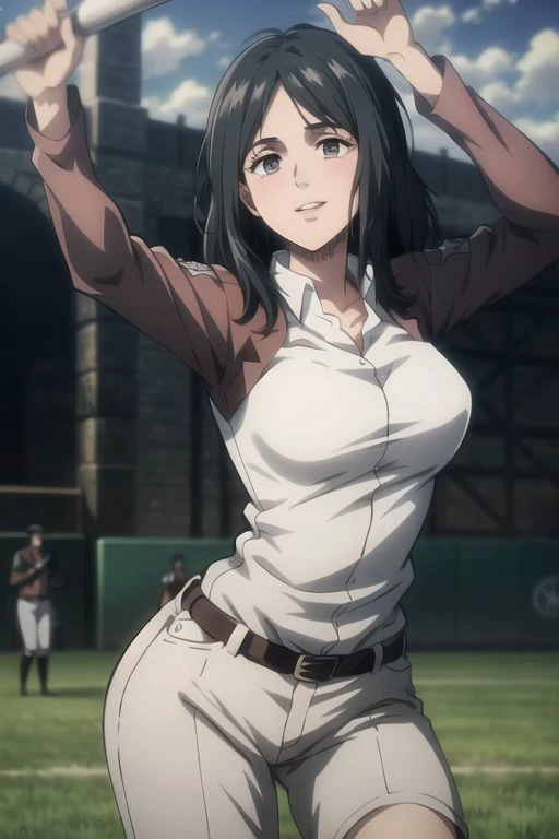 ((holding baseball bat)), baseball bat, baseballl field, stadium, (tight clothes), (anime style), masterpiece, best quality, ultra-detailed, ray tracing, HDR, deph of field, (perfect face, detailed face, detailed eyes), 8k, HD, best quality, ultra-detailed, shiny eyes, fair skin, smile, pink lips, long eyelashes, strong collors, on a medieval city, adult body, adult face, pieck finger, glowing black eyes, tired eyes, black hair, messy hair, harness, bouncing breasts, unaligned breasts, motion lines, motion blur, solo, 1girl, slim figure, soft skin, masterpiece, best quality, high definition, harness, ((masterpiece)), best quality, fair skin, notably long eyelashes, cute face, blushing, perfect face, high quality face, mature face, narrow waist, wide hips, smile, baseball uniform, cap, shorts, small shorts, shirt, tight shirt, emblem, parody, open_mouth, survey_corps_\(emblem\),