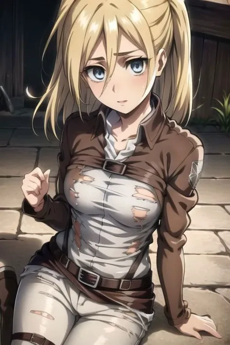 (((torn clothes:1.4))), (loose hair:1.3), (anime style), masterpiece, best quality, ultra-detailed, ray tracing, HDR, deph of field, (perfect face, detailed face, detailed eyes), 8k, HD, best quality, ultra-detailed, shiny eyes, fair skin, notably long eyelashes,
perfecteyes eyes, shinny eyes, glowing eyes, narrow waist, wide hips, dynamic angle, ultra detailed pussy, ((small breasts)), small breasts, looking to the viewer, pink lips, long eyelashes, loose hair, on a medieval city, historia_reiss, historia reiss, blonde hair, blue eyes, long hair, hair between eyes, historia, christa renz, blonde hair, blue eyes, hair between eyes, loose hair, official art, jacket, brown jacket, emblem, belt, thigh strap, pants, white pants, boots, shirt, white shirt, collared shirt, breasts, harness, solo, 1girl, slim girl, slim figure, soft skin, fair skin, notably long eyelashes, cute face, (tight clothes)