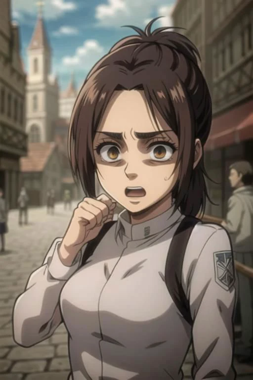 <lora:GabiAOT:0.7> sfw, GabiAOT, 1girl, brown eyes, low ponytail,
gold dress, (busy street, people walking in background, gorgeous view),
(upper body focus), (scared, open mouth, shaded face, sweat, trembling, hands up, motion lines), (anime style), masterpiece, best quality, ultra-detailed, ray tracing, HDR, deph of field, (perfect face, detailed face, detailed eyes), 8k, HD, best quality, ultra-detailed, shiny eyes, fair skin, notably long eyelashes, perfecteyes eyes, shinny eyes, glowing eyes, dynamic angle, small breasts, looking to the viewer, pink lips, long eyelashes, on a medieval city, official art, harness, 1girl, slim girl, slim figure, soft skin, fair skin, notably long eyelashes, cute face,