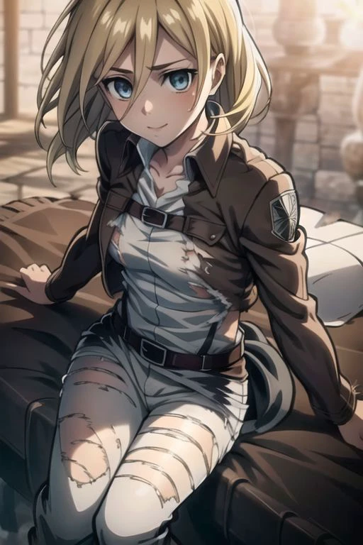 sfw, (loose hair:1.4), (((torn clothes:1.4))), upstanding, from below, zoom out, full body, long legs, historia_reiss, historia reiss, blonde hair, blue eyes, long hair, hair between eyes, historia, christa renz, ((small breasts)), small breasts, blonde hair, blue eyes, hair between eyes, loose hair, official art, jacket, brown jacket, emblem, belt, thigh strap, pants, white pants, boots, shirt, white shirt, collared shirt, shiny eyes, perfecteyes eyes, glowing eyes, narrow waist, wide hips, dynamic angle, dynamic pose, smile, confident, smug, looking to the viewer, pink lips, long eyelashes, loose hair, cowboy shot, cleavage, parted lips, long hair, (masterpiece, best quality, glowing light, glistening, shiny skin, ultra detailed, detailed background, complex background), (perfect face, detailed face, detailed eyes,perfect hands,perfect fingers), ((8k wallpaper)), Beautiful Finger, Beautiful body, Beautiful character design, perfect face, perfect balance, official art, extremely detailed CG unity 8k wallpaper, perfect lighting, Colorful, Bright_Front_face_Lighting, (masterpiece:1.0),(best_quality:1.0), ultra high res,4K,ultra-detailed, photography, 8K, HDR, highres, absurdres:1.2, Kodak portra 400, blurry background, bokeh, lens flare, professional photograph, (vibrant_color:1.2),(beautiful_face:1.2), 2d, anime, on a medieval city, breasts, harness, solo, 1girl, slim figure, soft skin, fair skin, notably long eyelashes, (tight clothes)