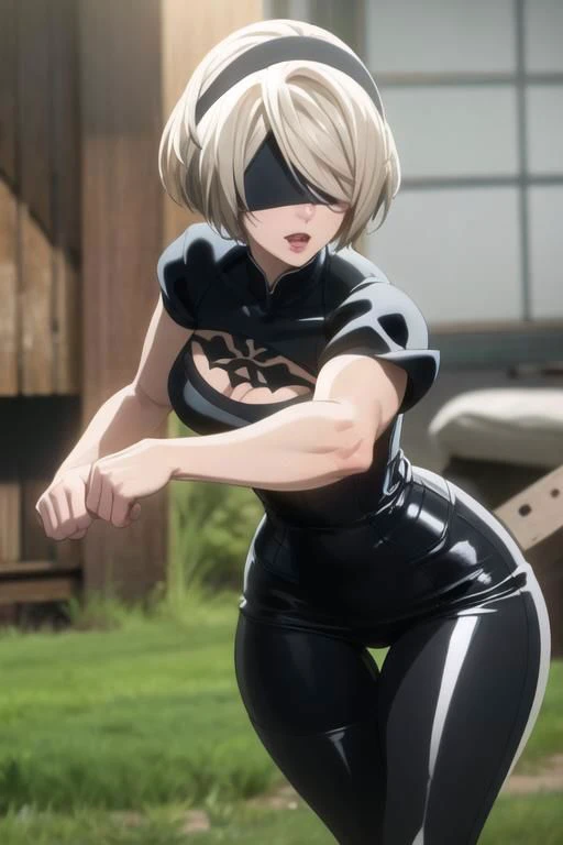 ((long legs, thick tights)), dynamic pose, dynamic angle, narrow waist, wide hips, <lyco:2b-lyco-nochekaiser:1>,2b, 1girl, solo, close up, deep cleavage, (masterpiece, best quality, glowing light, glistening, ultra detailed, (perfect face, detailed face, perfect hands,perfect fingers), 8k wallpaper, Beautiful Finger, Beautiful body, Beautiful character design, perfect face, perfect balance, official art, extremely detailed CG unity 8k wallpaper, perfect lighting, Colorful, Bright_Front_face_Lighting, (masterpiece:1.0),(best_quality:1.0), ultra high res,4K,ultra-detailed, photography, 8K, HDR, highres, absurdres:1.2, Kodak portra 400, blurry background, bokeh, lens flare, professional photograph, (vibrant_color:1.2),(beautiful_face:1.2), 35mm photograph, film, bokeh, professional, 4k, highly detailed, deep cleavage, action pose, fight stance, 2b, (blindfold), black blindfold, black hairband, hairband, ((short hair)), white hair, BREAK black skirt, black thighhighs, boots, cleavage cutout, clothing cutout, hairband, high heels, long sleeves, robot, side slit, skirt, thigh boots, thighhighs,