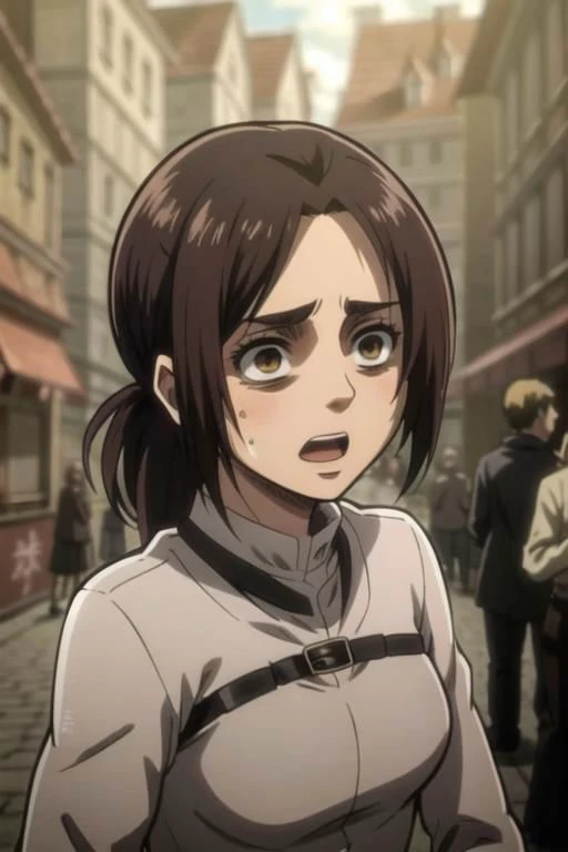 <lora:GabiAOT:0.7> sfw, GabiAOT, 1girl, brown eyes, low ponytail,
gold dress, (busy street, people walking in background, gorgeous view),
(upper body focus), (scared, open mouth, shaded face, sweat trembling, hands up), (anime style), masterpiece, best quality, ultra-detailed, ray tracing, HDR, deph of field, (perfect face, detailed face, detailed eyes), 8k, HD, best quality, ultra-detailed, shiny eyes, fair skin, notably long eyelashes, perfecteyes eyes, shinny eyes, glowing eyes, dynamic angle, small breasts, looking to the viewer, pink lips, long eyelashes, on a medieval city, official art, harness, 1girl, slim girl, slim figure, soft skin, fair skin, notably long eyelashes, cute face,