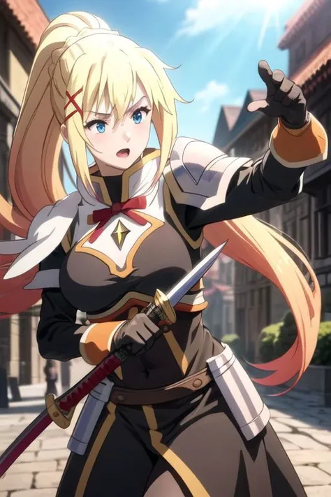 torn clothes, close up, outdoors, front view, top view, {lalatina_dustiness_ford_konosuba}, blonde_hair, long_hair, hair_ornament, x_hair_ornament, ponytail, blue_eyes, parody, open_mouth, 1girl, large breasts, tight clothes, armor, holding, holding_sword, holding_weapon, sword, weapon, gloves, cowboy shot, intricate iris, Beautiful Finger, Beautiful body, Beautiful character design, perfect eyes, perfect face, expressive eyes, perfect balance, official art, extremely detailed CG unity 8k wallpaper, perfect lighting, Colorful, Bright_Front_face_Lighting, (masterpiece:1.0),(best_quality:1.0), ultra high res,4K,ultra-detailed, photography, 8K, HDR, highres, absurdres:1.2, Kodak portra 400, blurry background, bokeh, lens flare, (vibrant_color:1.2), professional photograph, (beautiful_face:1.2), 2d, anime,