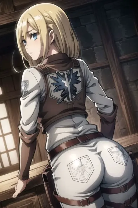 ((from below)), (from behind), butt, small butt, tight butt, looking down, looking back, (loose hair:1.3), (anime style), masterpiece, best quality, ultra-detailed, ray tracing, HDR, deph of field, (perfect face, detailed face, detailed eyes), 8k, HD, best quality, ultra-detailed, shiny eyes, fair skin, notably long eyelashes,
perfecteyes eyes, shinny eyes, glowing eyes, narrow waist, wide hips, dynamic angle, ultra detailed pussy, looking to the viewer, pink lips, long eyelashes, loose hair, on a medieval city, historia_reiss, historia reiss, blonde hair, blue eyes, long hair, hair between eyes, historia, christa renz, blonde hair, blue eyes, hair between eyes, loose hair, official art, skirt, jacket, brown jacket, emblem, belt, thigh strap, pants, white pants, boots, shirt, white shirt, collared shirt, breasts, harness, solo, 1girl, slim girl, slim figure, soft skin, fair skin, notably long eyelashes, cute face, (tight clothes)