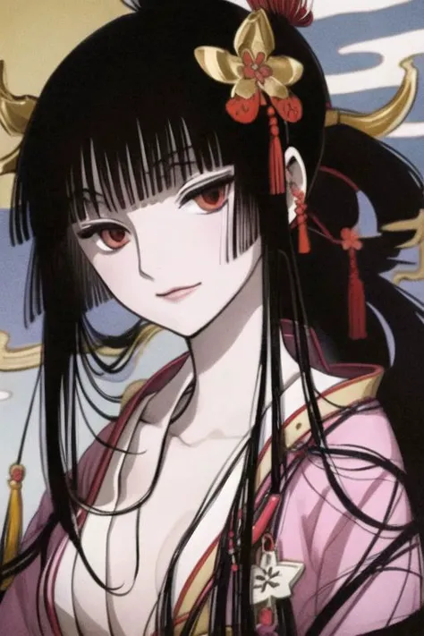 ichihara_yuuko, girl1, bangs, black hair, long hair, kimono obi sakura, heaven, happy