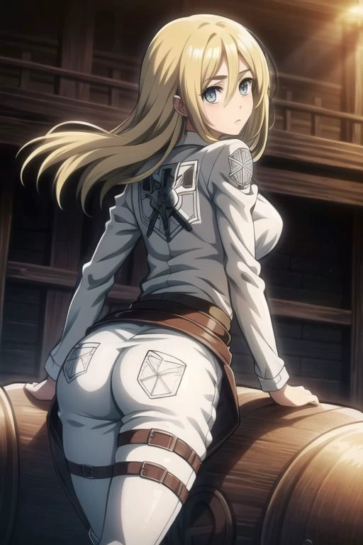((from below)), ((from behind)), butt, small butt, tight butt, looking down, looking back, (loose hair:1.3), (anime style), masterpiece, best quality, ultra-detailed, ray tracing, HDR, deph of field, (perfect face, detailed face, detailed eyes), 8k, HD, best quality, ultra-detailed, shiny eyes, fair skin, notably long eyelashes,
perfecteyes eyes, shinny eyes, glowing eyes, narrow waist, wide hips, dynamic angle, ultra detailed pussy, looking to the viewer, pink lips, long eyelashes, loose hair, on a medieval city, historia_reiss, historia reiss, blonde hair, blue eyes, long hair, hair between eyes, historia, christa renz, blonde hair, blue eyes, hair between eyes, loose hair, official art, skirt, jacket, brown jacket, emblem, belt, thigh strap, pants, white pants, boots, shirt, white shirt, collared shirt, breasts, harness, solo, 1girl, slim girl, slim figure, soft skin, fair skin, notably long eyelashes, cute face, (tight clothes)