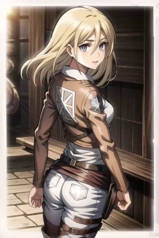 sfw, (loose hair:1.4), ((from below)), ((from behind)), butt, small butt, tight butt, looking down, looking back, upstanding, zoom out, full body, long legs, historia_reiss, historia reiss, blonde hair, blue eyes, long hair, hair between eyes, historia, christa renz, blonde hair, blue eyes, hair between eyes, loose hair, official art, skirt, jacket, brown jacket, emblem, belt, thigh strap, pants, white pants, boots, shirt, white shirt, collared shirt, shiny eyes, perfecteyes eyes, glowing eyes, narrow waist, wide hips, dynamic angle, dynamic pose, smile, confident, smug, looking to the viewer, pink lips, long eyelashes, loose hair, cowboy shot, cleavage, parted lips, long hair, (masterpiece, best quality, glowing light, glistening, shiny skin, ultra detailed, detailed background, complex background), (perfect face, detailed face, detailed eyes,perfect hands,perfect fingers), ((8k wallpaper)), Beautiful Finger, Beautiful body, Beautiful character design, perfect face, perfect balance, official art, extremely detailed CG unity 8k wallpaper, perfect lighting, Colorful, Bright_Front_face_Lighting, (masterpiece:1.0),(best_quality:1.0), ultra high res,4K,ultra-detailed, photography, 8K, HDR, highres, absurdres:1.2, Kodak portra 400, blurry background, bokeh, lens flare, professional photograph, (vibrant_color:1.2),(beautiful_face:1.2), 2d, anime, on a medieval city, breasts, harness, solo, 1girl, slim figure, soft skin, fair skin, notably long eyelashes, (tight clothes)