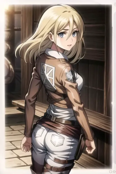 sfw, (loose hair:1.4), ((from below)), ((from behind)), butt, small butt, tight butt, looking down, looking back, upstanding, zoom out, full body, long legs, historia_reiss, historia reiss, blonde hair, blue eyes, long hair, hair between eyes, historia, christa renz, blonde hair, blue eyes, hair between eyes, loose hair, official art, skirt, jacket, brown jacket, emblem, belt, thigh strap, pants, white pants, boots, shirt, white shirt, collared shirt, shiny eyes, perfecteyes eyes, glowing eyes, narrow waist, wide hips, dynamic angle, dynamic pose, smile, confident, smug,  looking to the viewer, pink lips, long eyelashes, loose hair, cowboy shot, cleavage, parted lips, long hair, (masterpiece, best quality, glowing light, glistening, shiny skin, ultra detailed, detailed background, complex background), (perfect face, detailed face, detailed eyes,perfect hands,perfect fingers), ((8k wallpaper)), Beautiful Finger, Beautiful body, Beautiful character design, perfect face, perfect balance, official art, extremely detailed CG unity 8k wallpaper, perfect lighting, Colorful, Bright_Front_face_Lighting, (masterpiece:1.0),(best_quality:1.0), ultra high res,4K,ultra-detailed, photography, 8K, HDR, highres, absurdres:1.2, Kodak portra 400, blurry background, bokeh, lens flare, professional photograph, (vibrant_color:1.2),(beautiful_face:1.2), 2d, anime, on a medieval city, breasts, harness, solo, 1girl, slim figure, soft skin, fair skin, notably long eyelashes, (tight clothes)