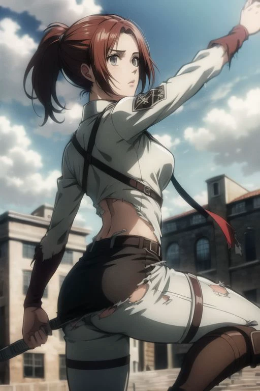 (((torn clothes:1.4))), (anime style), masterpiece, best quality, ultra-detailed, ray tracing, HDR, deph of field, (perfect face, detailed face, detailed eyes), 8k, HD, best quality, ultra-detailed, shiny eyes, fair skin, upstanding, dynamic pose, clenching fists, closed hands, wide hips, narrow waist, pink lips, long eyelashes, strong collors, on a medieval city, adult body, adult face, pants, (white pants), paradis_military_uniform, sky, cloud, outdoors, attack on titan cosplay, training_corps, boots, thigh_strap, harness, sasha, 1girl, solo, looking at viewer, long hair, (reddish brown hair, light brown eyes), ponytail, masterpiece, best quality, high definition, harness, ((masterpiece)), best quality, fair skin, notably long eyelashes, cute face, perfect face, high quality face, mature face,