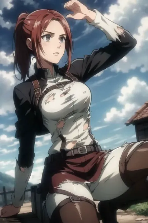 (((torn clothes:1.4))), (anime style), masterpiece, best quality, ultra-detailed, ray tracing, HDR, deph of field, (perfect face, detailed face, detailed eyes), 8k, HD, best quality, ultra-detailed, shiny eyes, fair skin, upstanding, dynamic pose, clenching fists, closed hands, wide hips, narrow waist, pink lips, long eyelashes, strong collors, on a medieval city, adult body, adult face, pants, (white pants), paradis_military_uniform, sky, cloud, outdoors, attack on titan cosplay, training_corps, boots, thigh_strap, harness, sasha, 1girl, solo, looking at viewer, long hair, (reddish brown hair, light brown eyes), ponytail, masterpiece, best quality, high definition, harness, ((masterpiece)), best quality, fair skin, notably long eyelashes, cute face, perfect face, high quality face, mature face,