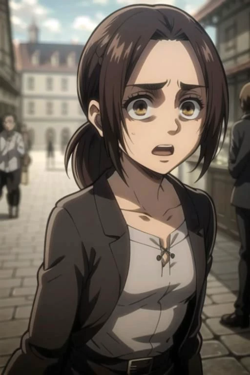 <lora:GabiAOT:0.7> sfw, GabiAOT, 1girl, brown eyes, low ponytail,
gold dress, (busy street, people walking in background, gorgeous view),
(upper body focus), (scared, open mouth, shaded face, sweat trembling, hands up), (anime style), masterpiece, best quality, ultra-detailed, ray tracing, HDR, deph of field, (perfect face, detailed face, detailed eyes), 8k, HD, best quality, ultra-detailed, shiny eyes, fair skin, notably long eyelashes, perfecteyes eyes, shinny eyes, glowing eyes, dynamic angle, small breasts, looking to the viewer, pink lips, long eyelashes, on a medieval city, official art, harness, 1girl, slim girl, slim figure, soft skin, fair skin, notably long eyelashes, cute face,