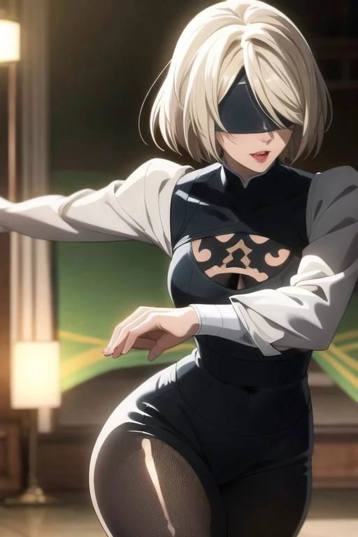 ((long legs, thick tights)), dynamic pose, dynamic angle, narrow waist, wide hips, <lyco:2b-lyco-nochekaiser:1>,2b, 1girl, solo, close up, deep cleavage, (masterpiece, best quality, glowing light, glistening, ultra detailed, (perfect face, detailed face, perfect hands,perfect fingers), 8k wallpaper, Beautiful Finger, Beautiful body, Beautiful character design, perfect face, perfect balance, official art, extremely detailed CG unity 8k wallpaper, perfect lighting, Colorful, Bright_Front_face_Lighting, (masterpiece:1.0),(best_quality:1.0), ultra high res,4K,ultra-detailed, photography, 8K, HDR, highres, absurdres:1.2, Kodak portra 400, blurry background, bokeh, lens flare, professional photograph, (vibrant_color:1.2),(beautiful_face:1.2), 35mm photograph, film, bokeh, professional, 4k, highly detailed, deep cleavage, action pose, fight stance, 2b, (blindfold), black blindfold, black hairband, hairband, ((short hair)), white hair, BREAK black skirt, black thighhighs, boots, cleavage cutout, clothing cutout, hairband, high heels, long sleeves, robot, side slit, skirt, thigh boots, thighhighs,