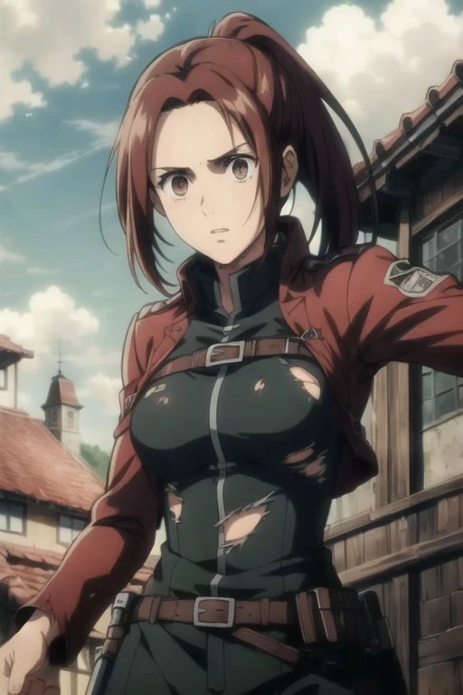 (((torn clothes:1.4))), (anime style), masterpiece, best quality, ultra-detailed, ray tracing, HDR, deph of field, (perfect face, detailed face, detailed eyes), 8k, HD, best quality, ultra-detailed, shiny eyes, fair skin, upstanding, dynamic pose, clenching fists, closed hands, wide hips, narrow waist, pink lips, long eyelashes, strong collors, on a medieval city, adult body, adult face, pants, white pants, paradis_military_uniform, sky, cloud, jacket, outdoors, uniform, emblem, training_corps, belt, boots, thigh_strap, three-dimensional_maneuver_gear, survey_corps_\(emblem\), harness, sasha, 1girl, solo, looking at viewer, long hair, ((reddish brown hair, light brown eyes)), ponytail, masterpiece, best quality, high definition, harness, ((masterpiece)), best quality, fair skin, notably long eyelashes, cute face, perfect face, high quality face, mature face,