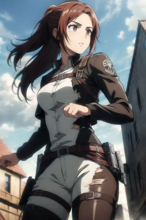 (((torn clothes:1.4))), (anime style), masterpiece, best quality, ultra-detailed, ray tracing, HDR, deph of field, (perfect face, detailed face, detailed eyes), 8k, HD, best quality, ultra-detailed, shiny eyes, fair skin, upstanding, dynamic pose, clenching fists, closed hands, wide hips, narrow waist, pink lips, long eyelashes, strong collors, on a medieval city, adult body, adult face, pants, white pants, paradis_military_uniform, sky, cloud, jacket, outdoors, uniform, emblem, training_corps, belt, boots, thigh_strap, three-dimensional_maneuver_gear, survey_corps_\(emblem\), harness, sasha, 1girl, solo, looking at viewer, long hair, ((reddish brown hair, light brown eyes)), ponytail, masterpiece, best quality, high definition, harness, ((masterpiece)), best quality, fair skin, notably long eyelashes, cute face, perfect face, high quality face, mature face,