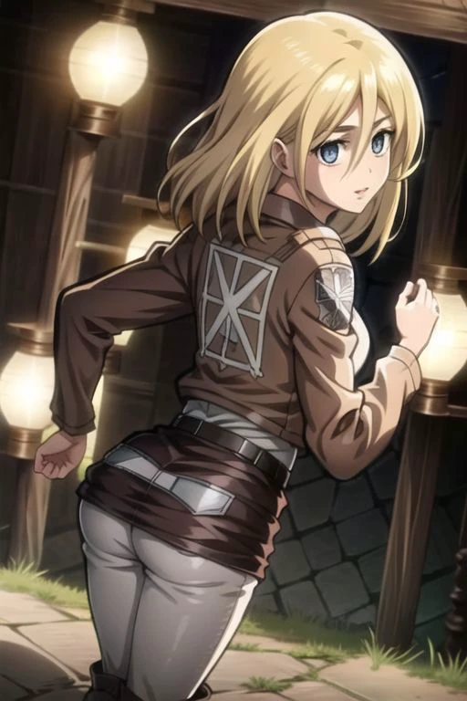 sfw, (loose hair:1.4), ((from below)), ((from behind)), butt, small butt, tight butt, looking down, looking back, upstanding, zoom out, full body, long legs, historia_reiss, historia reiss, blonde hair, blue eyes, long hair, hair between eyes, historia, christa renz, blonde hair, blue eyes, hair between eyes, loose hair, official art, jacket, brown jacket, emblem, belt, thigh strap, pants, white pants, boots, shirt, white shirt, collared shirt, shiny eyes, perfecteyes eyes, glowing eyes, narrow waist, wide hips, dynamic angle, dynamic pose, smile, confident, smug, looking to the viewer, pink lips, long eyelashes, loose hair, cowboy shot, cleavage, parted lips, long hair, (masterpiece, best quality, glowing light, glistening, shiny skin, ultra detailed, detailed background, complex background), (perfect face, detailed face, detailed eyes,perfect hands,perfect fingers), ((8k wallpaper)), Beautiful Finger, Beautiful body, Beautiful character design, perfect face, perfect balance, official art, extremely detailed CG unity 8k wallpaper, perfect lighting, Colorful, Bright_Front_face_Lighting, (masterpiece:1.0),(best_quality:1.0), ultra high res,4K,ultra-detailed, photography, 8K, HDR, highres, absurdres:1.2, Kodak portra 400, blurry background, bokeh, lens flare, professional photograph, (vibrant_color:1.2),(beautiful_face:1.2), 2d, anime, on a medieval city, breasts, harness, solo, 1girl, slim figure, soft skin, fair skin, notably long eyelashes, (tight clothes)