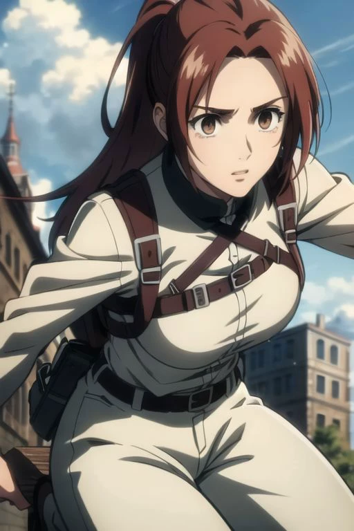 (torn clothes), (anime style), masterpiece, best quality, ultra-detailed, ray tracing, HDR, deph of field, (perfect face, detailed face, detailed eyes), 8k, HD, best quality, ultra-detailed, shiny eyes, fair skin, upstanding, dynamic pose, clenching fists, closed hands, wide hips, narrow waist, pink lips, long eyelashes, strong collors, on a medieval city, adult body, adult face, pants, white pants, paradis_military_uniform, sky, cloud, jacket, outdoors, uniform, emblem, training_corps, belt, boots, thigh_strap, three-dimensional_maneuver_gear, survey_corps_\(emblem\), ((tight clothes)), harness, sasha, 1girl, solo, looking at viewer, long hair, (((reddish brown hair, light brown eyes))), ponytail, masterpiece, best quality, high definition, harness, ((masterpiece)), best quality, fair skin, notably long eyelashes, cute face, perfect face, high quality face, mature face,