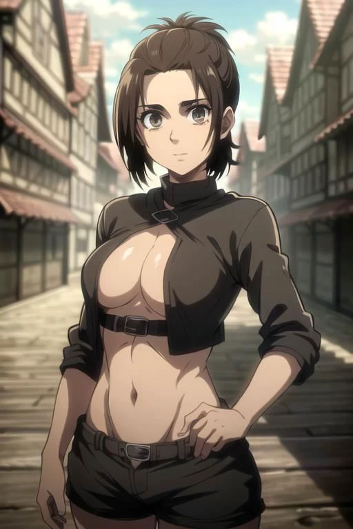 <lora:GabiAOT:0.7> GabiAOT, smile, 1girl, brown eyes, low ponytail
crop top, shorts, mini shorts, thighhigh, tight clothes, deep cleavage, belly buttom, belly, open zipper, underboob, (busy street, people walking in background, gorgeous view), 
BREAK cowboy shot, (masterpiece, best quality, ultra detailed), (perfect face, detailed face, detailed eyes,perfect hands,perfect fingers), ((8k wallpaper)), Beautiful Finger, Beautiful body, Beautiful character design, perfect face, perfect balance, official art, extremely detailed CG unity 8k wallpaper, Colorful, Bright_Front_face_Lighting, (masterpiece:1.0),(best_quality:1.0), ultra high res,4K,ultra-detailed, photography, 8K, HDR, highres, absurdres:1.2, Kodak portra 400, blurry background, bokeh, lens flare, professional photograph, (vibrant_color:1.2),(beautiful_face:1.2), 2d, anime, harness, solo,
perfecteyes eyes, masterpiece, best quality, ultra-detailed, ray tracing, HDR, deph of field, 8k, HD, ultra realistic face, best quality, ultra-detailed, shiny eyes, fair skin, notably long eyelashes, (realistic eyes), perfect face, high quality face, soft skin, 1girl solo, looking at viewer, depth of field,