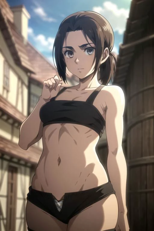 <lora:GabiAOT:0.7> GabiAOT, smile, 1girl, brown eyes, low ponytail
crop top, shorts, mini shorts, thighhigh, tight clothes, deep cleavage, belly buttom, belly, open zipper, underboob, (busy street, people walking in background, gorgeous view), 
BREAK cowboy shot, (masterpiece, best quality, ultra detailed), (perfect face, detailed face, detailed eyes,perfect hands,perfect fingers), ((8k wallpaper)), Beautiful Finger, Beautiful body, Beautiful character design, perfect face, perfect balance, official art, extremely detailed CG unity 8k wallpaper, Colorful, Bright_Front_face_Lighting, (masterpiece:1.0),(best_quality:1.0), ultra high res,4K,ultra-detailed, photography, 8K, HDR, highres, absurdres:1.2, Kodak portra 400, blurry background, bokeh, lens flare, professional photograph, (vibrant_color:1.2),(beautiful_face:1.2), 2d, anime, harness, solo,
perfecteyes eyes, masterpiece, best quality, ultra-detailed, ray tracing, HDR, deph of field, 8k, HD, ultra realistic face, best quality, ultra-detailed, shiny eyes, fair skin, notably long eyelashes, (realistic eyes), perfect face, high quality face, soft skin, 1girl solo, looking at viewer, depth of field,