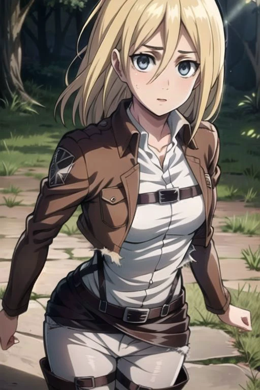 (loose hair:1.4), (((torn clothes:1.2))), looking back, historia_reiss, historia reiss, blonde hair, blue eyes, long hair, hair between eyes, historia, christa renz, blonde hair, blue eyes, hair between eyes, loose hair, official art, jacket, brown jacket, emblem, belt, thigh strap, pants, white pants, boots, shirt, white shirt, collared shirt, shiny eyes, perfecteyes eyes, shinny eyes, glowing eyes, narrow waist, wide hips, dynamic angle, ((small breasts)), small breasts, looking to the viewer, pink lips, long eyelashes, loose hair, cowboy shot, cleavage, (fashion make up), parted lips, long hair, (masterpiece, best quality, glowing light, glistening, shiny skin, ultra detailed, detailed background, complex background), (perfect face, detailed face, detailed eyes,perfect hands,perfect fingers), dynamic poses, ((8k wallpaper)), Beautiful Finger, Beautiful body, Beautiful character design, perfect face, perfect balance, official art, extremely detailed CG unity 8k wallpaper, perfect lighting, Colorful, Bright_Front_face_Lighting, (masterpiece:1.0),(best_quality:1.0), ultra high res,4K,ultra-detailed, photography, 8K, HDR, highres, absurdres:1.2, Kodak portra 400, blurry background, bokeh, lens flare, professional photograph, (vibrant_color:1.2),(beautiful_face:1.2), 2d, anime, on a medieval city, breasts, harness, solo, 1girl, slim figure, soft skin, fair skin, notably long eyelashes, (tight clothes)