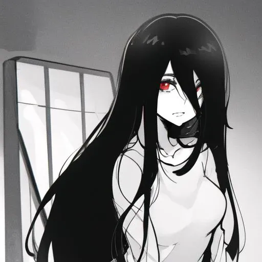 ((masterpiece)),(best quality), absurdres,sadako_yamamura,red eyes, white dress,<lora:Sadakobest:0.8>, upper body, looking at viewer, neutral face,  <lora:normanMaggotStyle_normanmaggot:1>, medium breasts, (monochrome),