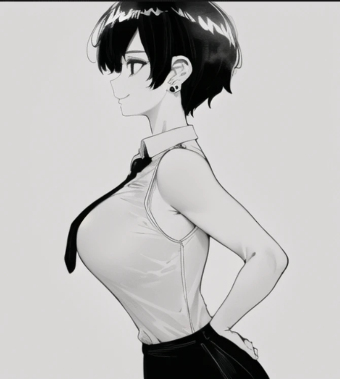 beautiful, masterpiece, best quality, extremely detailed face, perfect lighting, 1girl, solo, norman maggot, <lora:Norman Maggot:1>, bare shoulders, breasts, collared shirt, earrings, from side, greyscale, hand on hip, jewelry, large breasts, monochrome, necktie, office lady, shirt, short hair, simple background, skirt, sleeveless, sleeveless shirt, smile, solo, white background