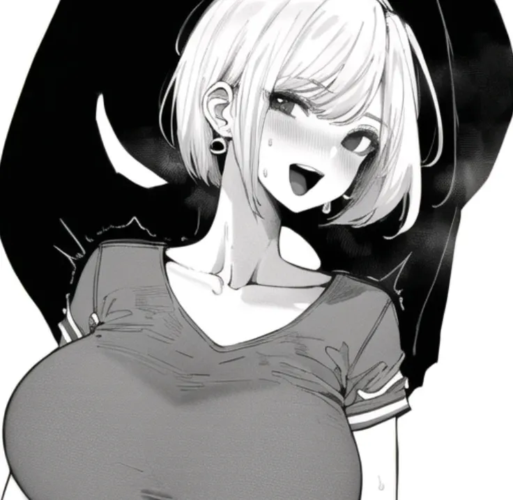 beautiful, masterpiece, best quality, extremely detailed face, perfect lighting, 1girl, solo, norman maggot, <lora:Norman Maggot:1>, :d, bangs, blush, breasts, collarbone, earrings, greyscale, huge breasts, jewelry, large breasts, looking at viewer, monochrome, open mouth, shirt, short hair, short sleeves, simple background, smile, solo, sweat, upper body, white background