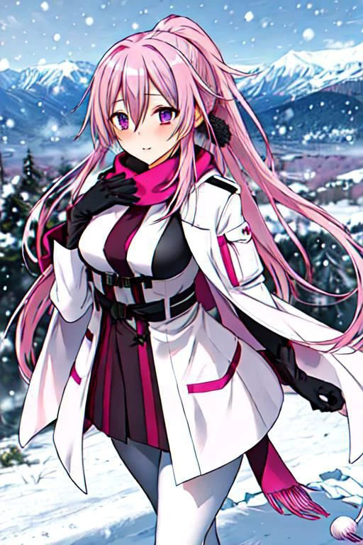 girl, pink hair, long hair, ponytail, purple eyes, large breasts, white winter coat, pink scarf, white gloves, black pantyhose, black boots, hair ornament, looking at viewer, mountain scenery, snowing, winter