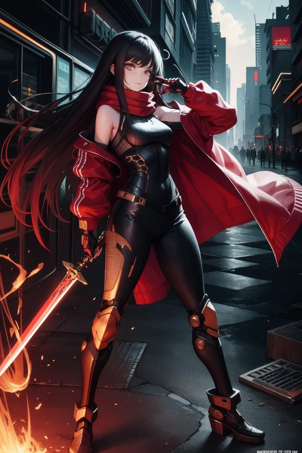 1girl, serious, looking into infinity, dutch angle shot, long hair, black hair, golden eyes, mechanical arms:1.3, detailed ribbed impossible mechanical body:1.2, cyberpunk, light makeup, glowing eyes, red eyeshadow, cyborg, red scarf, red jacket, hair blowing in the wind, full body, mechanical full body, intricate details, holding lost technology sword, big sword, masterpice, high quality, best quality, good body, good hands and fingers, official art, shoulder armor, cybernetic limbs, perfect face, perfect hands, (solo), science fiction, night, red city background,