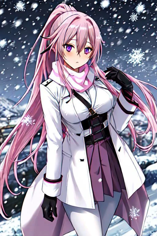 girl, pink hair, long hair, ponytail, purple eyes, large breasts, white winter coat, pink scarf, white gloves, black pantyhose, black boots, hair ornament, looking at viewer, mountain scenery, snowing, winter