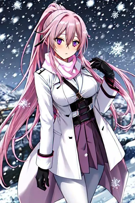 girl, pink hair, long hair, ponytail, purple eyes, large breasts, white winter coat, pink scarf, white gloves, black pantyhose, black boots, hair ornament, looking at viewer, mountain scenery, snowing, winter