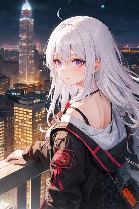 1girl, white hair, long hair, sparkling eyes, city, night, neon lights, skyscraper, rooftop, starry sky,
masterpiece, best quality,