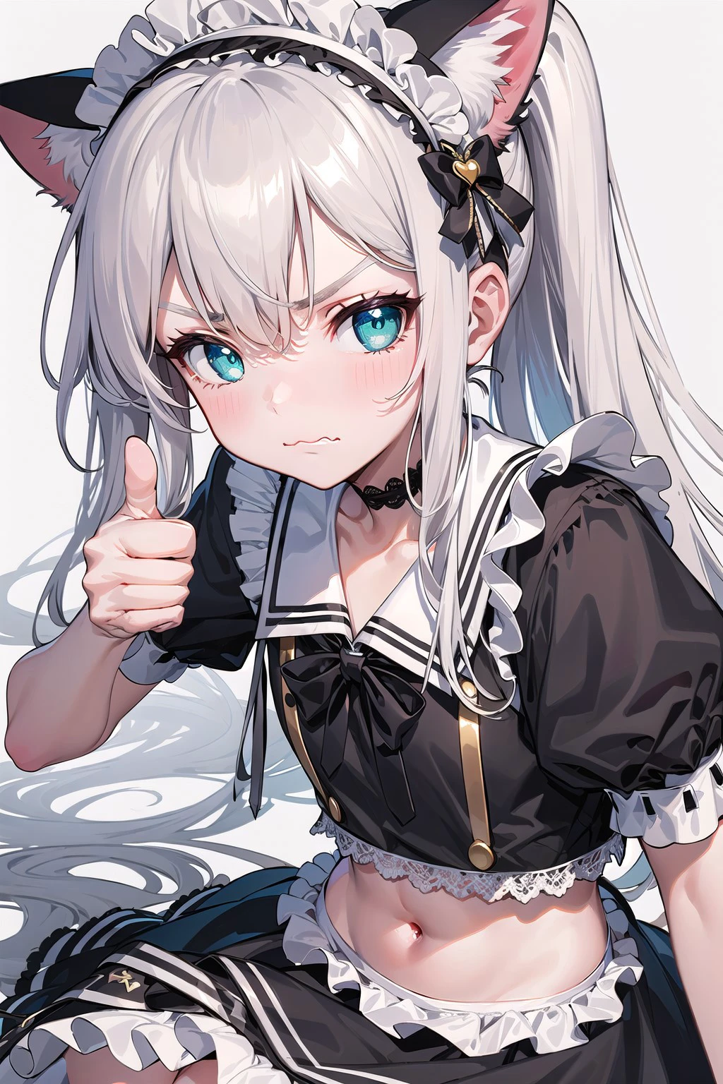 masterpiece,best quality,flat color, limited palette, low contrast,
(close-up, face focus:1.15),(thumb, thumbs up:1.3),(good job:1.25)
oliy skin,shiny skin,small breasts,(aqua eyes:1.1),navel,thighs,cat ears, cat tail, asymmetrical bangs, hair behind ear, (white hair:1.2),high ponytail,long hair,hair over one eyebrow,messy hair, ta fashion, (loliress:1.2), sailor collar, maid headdress, (maid:1.15), gold and silver lace,(flowing lace),
(frown, scowl:1.2),(:3:1.3),open mouth,
looking at viewer,Supercilious,rolling eyes,(disdain:1.2),glowing eyes,