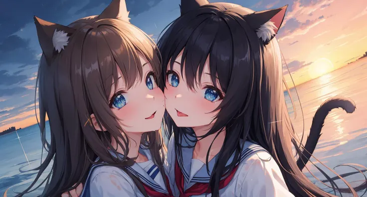masterpiece,best quality, lens flare, depth of field, (close-up,face focus:1.2), (wide shot, fisheye:0.85), flying, floating, floating hair,
(2girls:1.1), multiple girls, (cheek to cheek:1.3), kissing cheek, (french kiss:1.1), tongue out, saliva trail, saliva, looking at viewer, black hair, school uniform, cat ears, cat girl, sparkling eyes,
standing, outdoors, night, starry sky, landscape, scenery, horizon, cinema lighting ,cinemagraph, fog, reflection, sunset, wet, rainy,