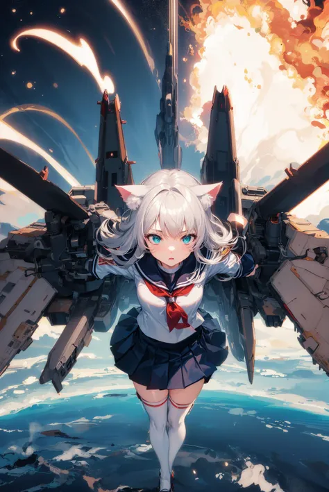 masterpiece, best quality, depth of field, motion blur, lens flare, symmetry, muted color, high contrast,
full body, (wide shot, close-up:1.2),
(1girl:1.3),white hair,long hair, aqua eyes, glowing eyes, hair ornament, cat ears, flying, floating, floating hair, white serafuku, sailor collar, long sleeves, pleated skirt, white thighhighs, arms up,
@_@,
(explosion:1.2), missile,
sky, cloud, from above, ace combat, science fiction, sci-fi, digital, spacecraft, aircraft, fighter jet, galaxy, space,