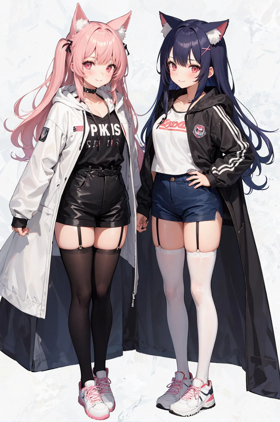 animal ears, 2girls, multiple girls, pink hair, thighhighs, long hair, jacket, shoes, looking at viewer, pants, animal ear fluff, simple background, cat ears, black hair, standing, extra ears, pink eyes, hair ornament, white background, hood, full body, x hair ornament, closed mouth, long sleeves, bangs, blush, smile, white footwear, hood down, white jacket, sneakers, blue hair, garter straps