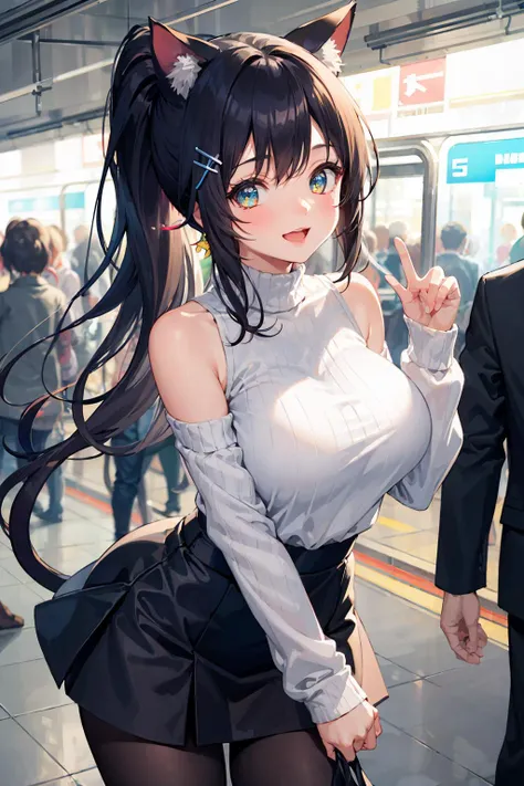 masterpiece, best quality, lens flare, depth of field,
1girl, close-up, hair ornament, black long hair, floating hair, (high long ponytail:1.2), cat ears, aqua glowing eyes, sparkling eyes, long sleeves, large breasts, sleeves past wrists, bare shoulders, high neck, transparent, see-through, white sweater, black shiny pantyhose, tight short miniskirt,
solo, looking at viewer,
light smile, :3, open mouth,
scenery, underground, subway station, subway, indoors,